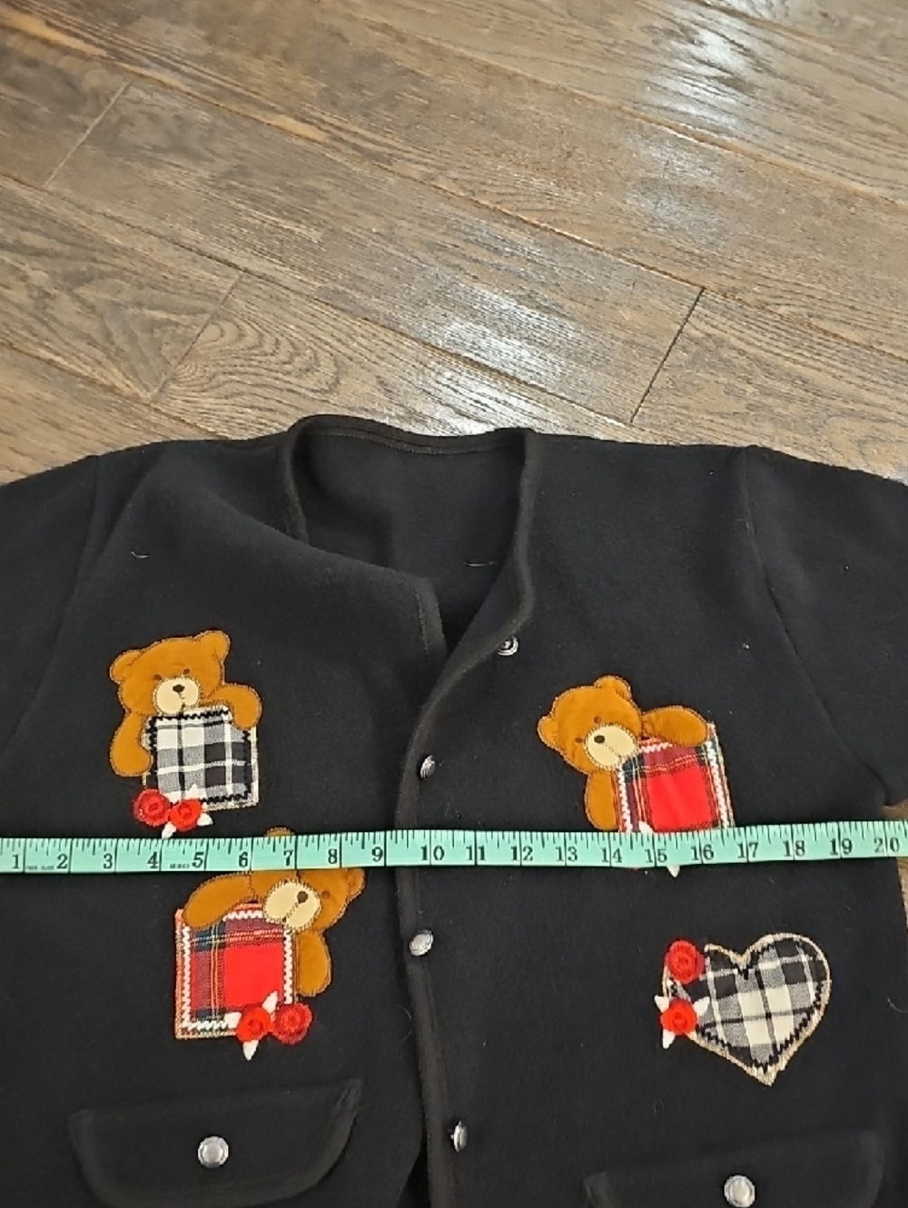 VINTAGE Black Teddy Bear Appliqué Cardigan Jacket with Plaid Accents - Picture 5 of 6